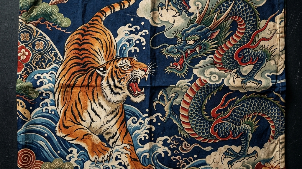 虎と龍がダイナミックに描かれたヴィンテージ和柄アロハシャツのクローズアップ