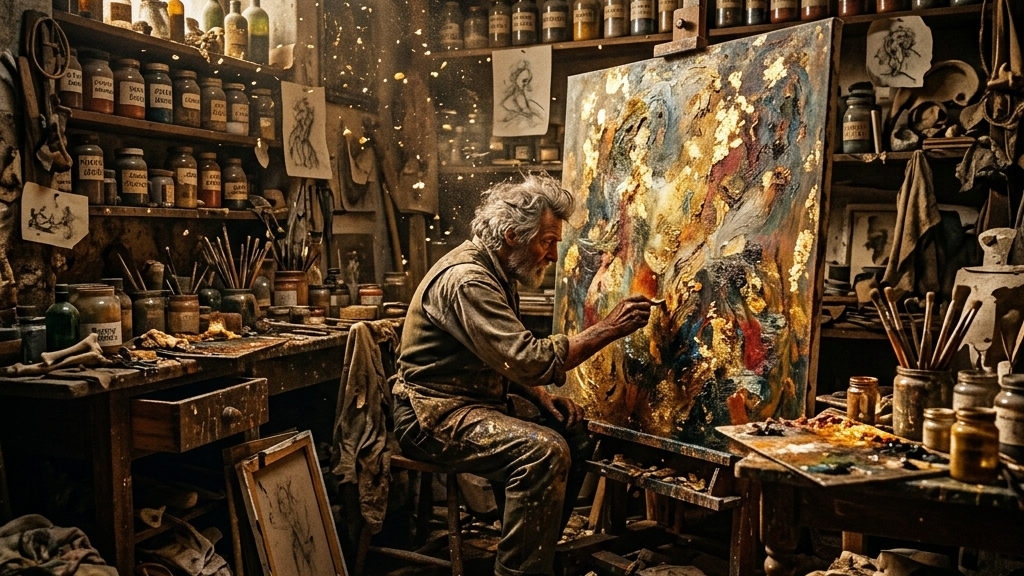 無数の岩絵の具や金箔が散乱するアトリエの情景、職人と芸術家の狂気を抽象的に表現した和風の絵画調