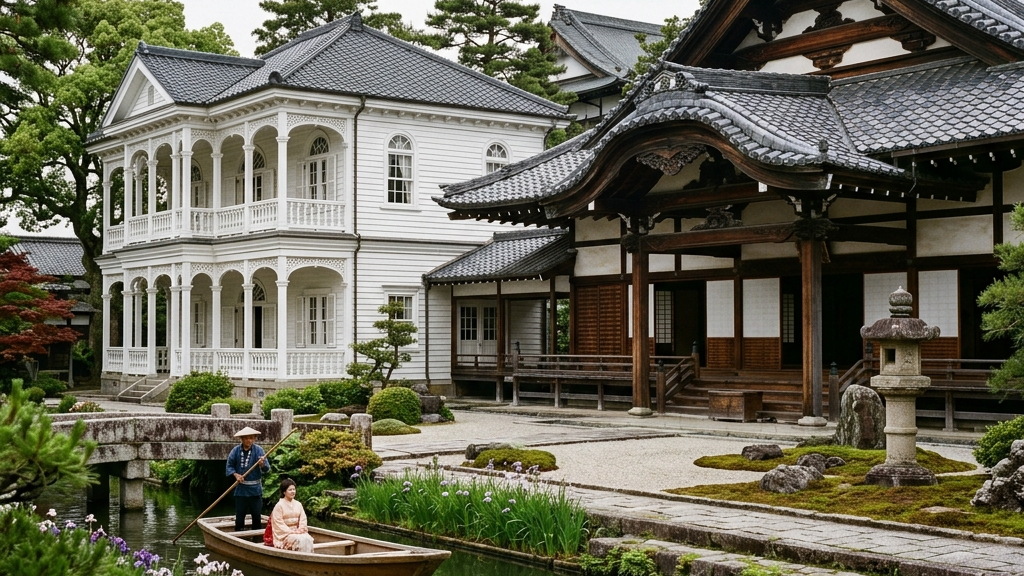 柳川御花の象徴である明治期の西洋館と伝統的な和風建築が織りなす景観