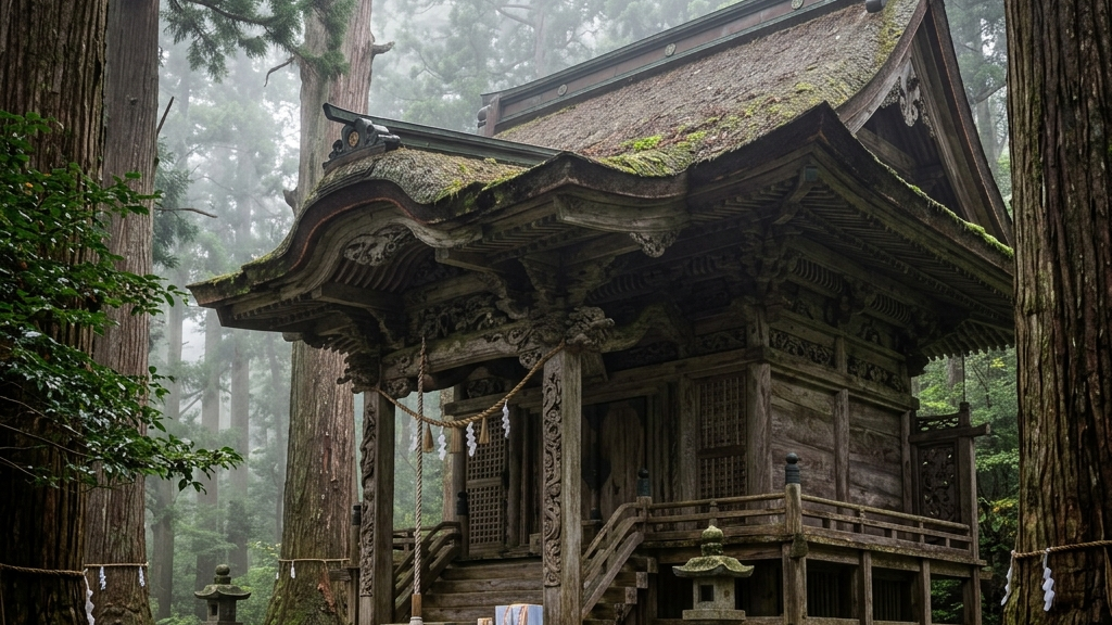 重厚な石垣と鬱蒼とした木々に囲まれた大瀧神社の参道と境内