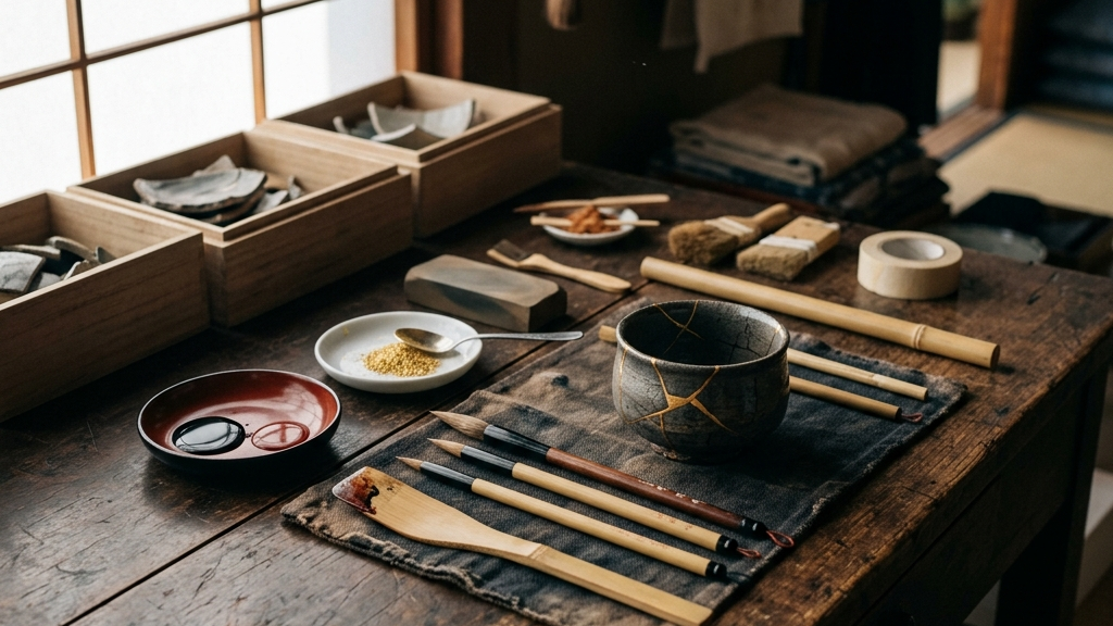 静謐な空間で丁寧に並べられた金継ぎと掛軸表装用の修復道具