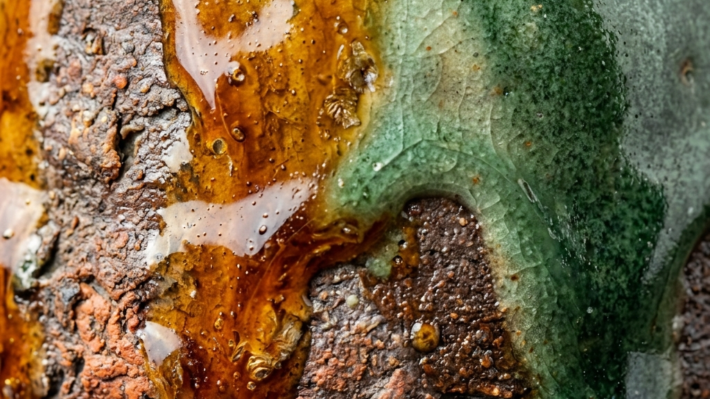 アンバーやミントグリーンに発色した釉薬の高精細な接写