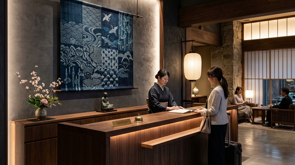 重厚なダークウッドのレセプションデスクと、背景を飾る讃岐のり染めのタペストリー