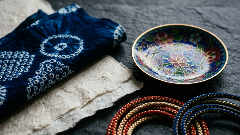 美濃焼、和紙、七宝焼、くみひもなどの異素材が織りなすミニマルな構成美