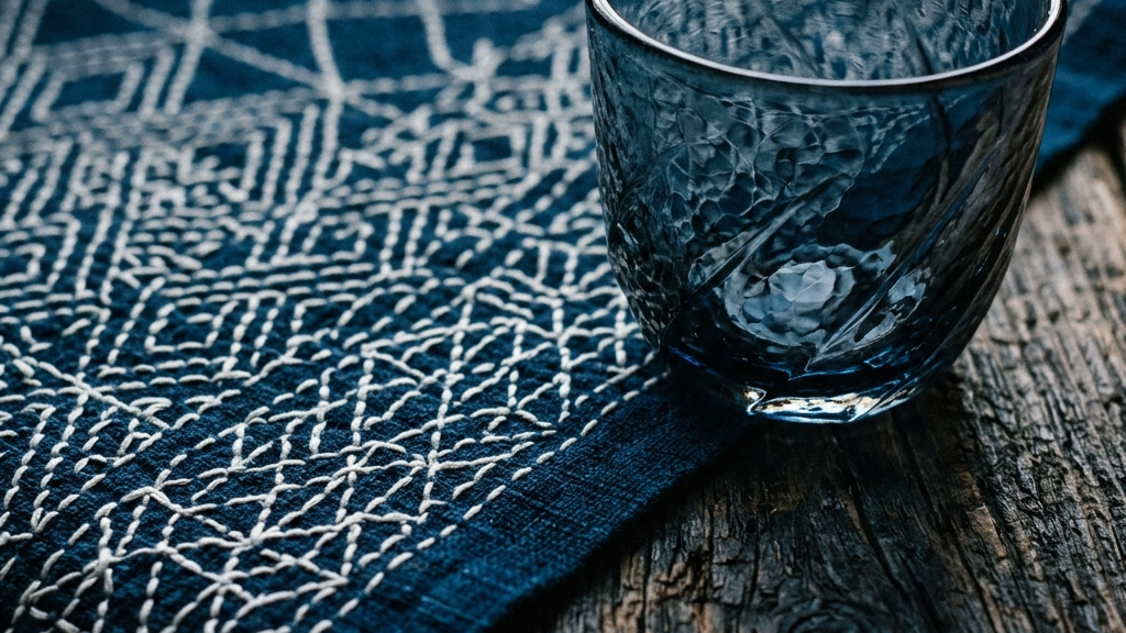 津軽びいどろの透明感と、こぎん刺しのストイックな幾何学模様が、旧開雲堂の歴史的光のなかで浮かび上がる様子