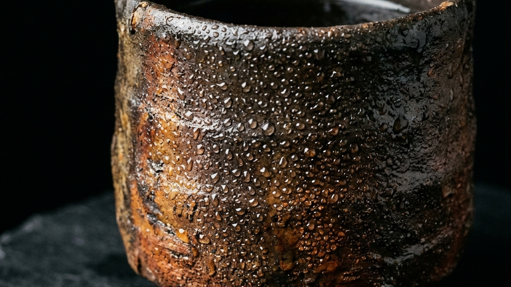 無釉の気孔が水を吸い経年変化によって鈍く光る備前焼の器と日本酒