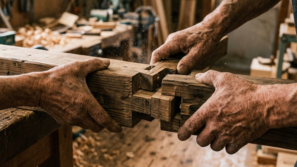 解体・回収された1万1000点の木材に触れる手仕事の現場