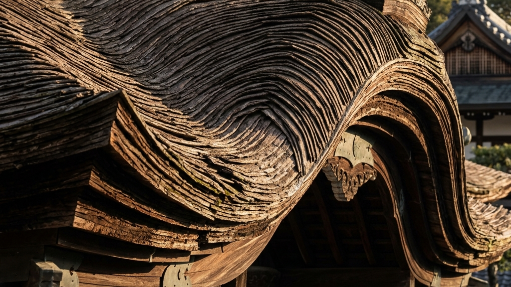 唐破風と千鳥破風が重なり合う、日本一複雑とも称される巨大で優美な檜皮葺屋根
