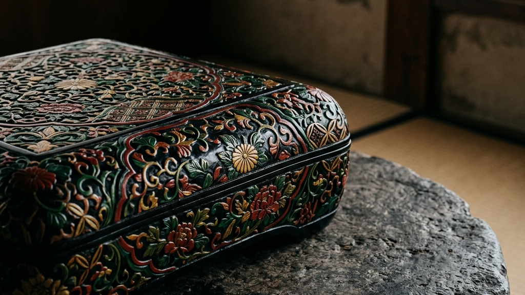 薄暗い茶室の石のテーブルに置かれた、精緻な彫りが輝きを放つ香川漆器