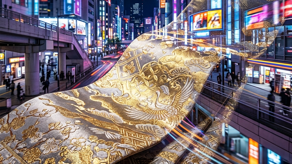 絢爛豪華な西陣織の糸が、現代の都会的な夜の風景とシームレスに交差していく象徴的なアートワーク