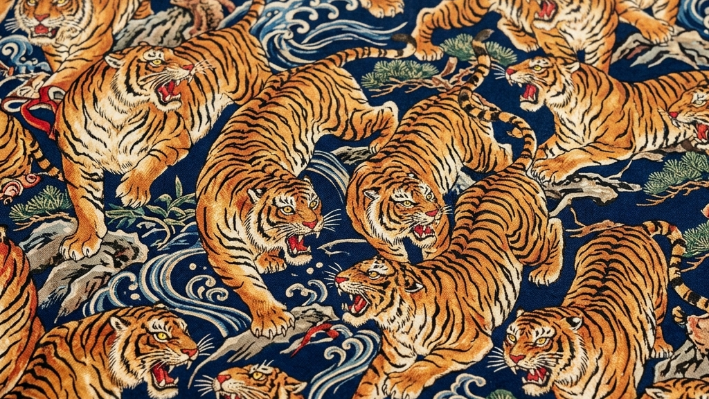 無数の虎が複雑に絡み合う伝説の「百虎」アロハシャツの緻密なパターンの接写