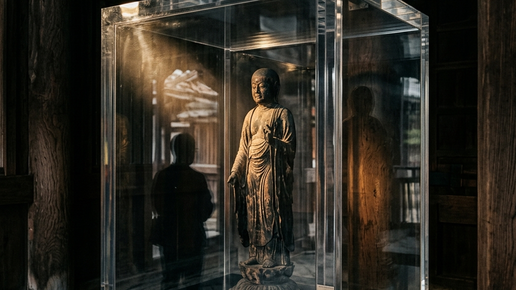 文化財を守るための厚いアクリルケースと、監視の目がもたらす信仰との断絶を暗示する光と影