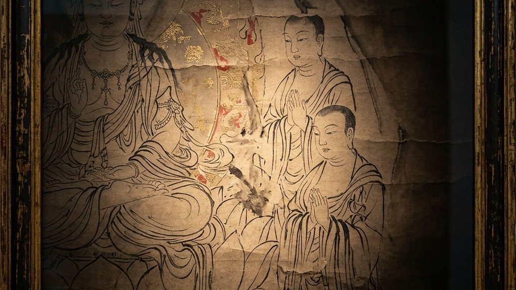 深い影の中に浮かび上がる、精緻な線描で描かれた古い仏画の一部