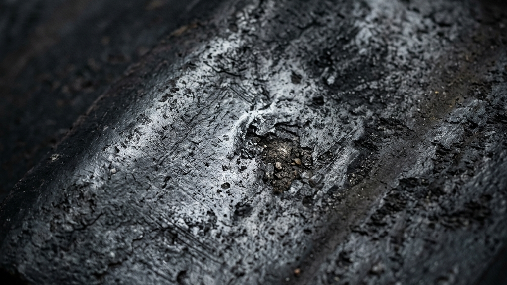 マクロ撮影されたいぶし銀の金属的かつ有機的な黒光りするテクスチャー