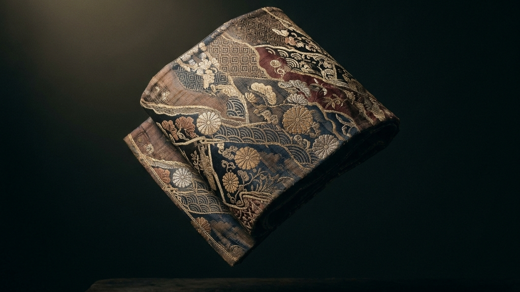 暗闇の中に一条の光が差し込み、静かに浮かび上がる伝統的な西陣織のテクスチャ