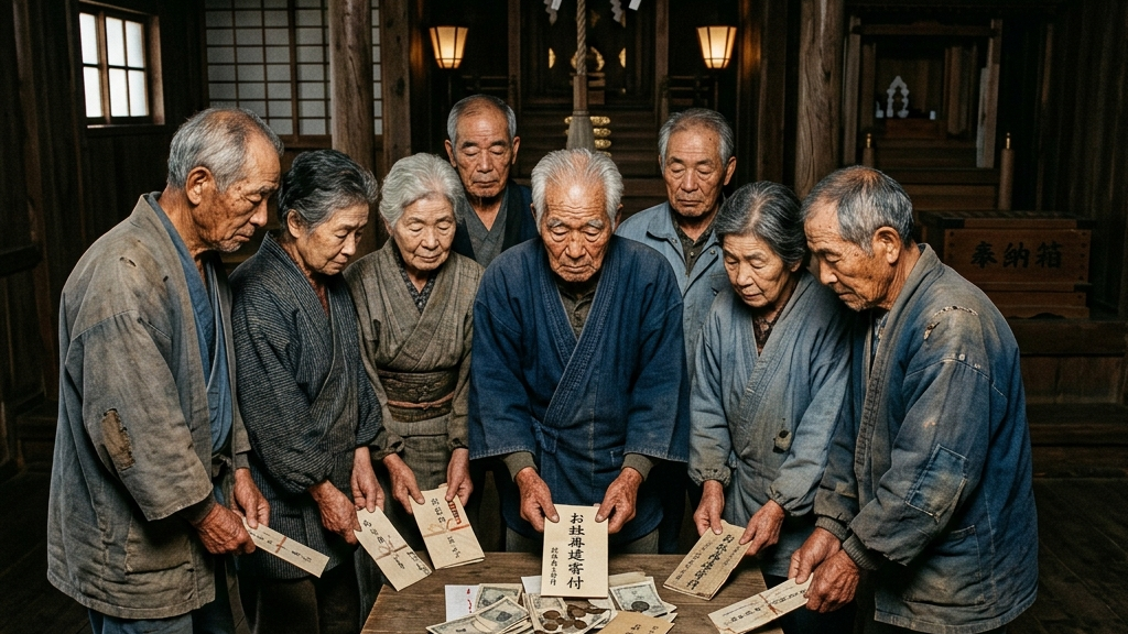 倒壊した鳥居の残骸と、それを乗り越えて再建へと向かう氏子たちの重厚な足跡