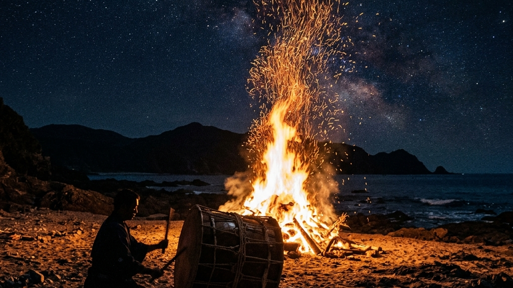 静寂の夜を穿ち、次の時代へ祈りの音を刻み込む太鼓と炎