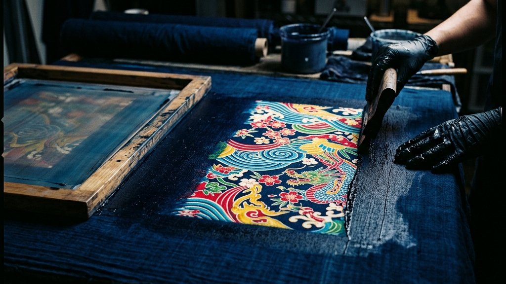 深い群青色の生地から鮮やかな虎の柄が色鮮やかに浮き出る抜染プリントの工程