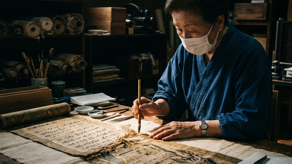 薄暗い収蔵庫で、古い和紙や絹布を慎重に修復する職人の手を照らす一筋の光