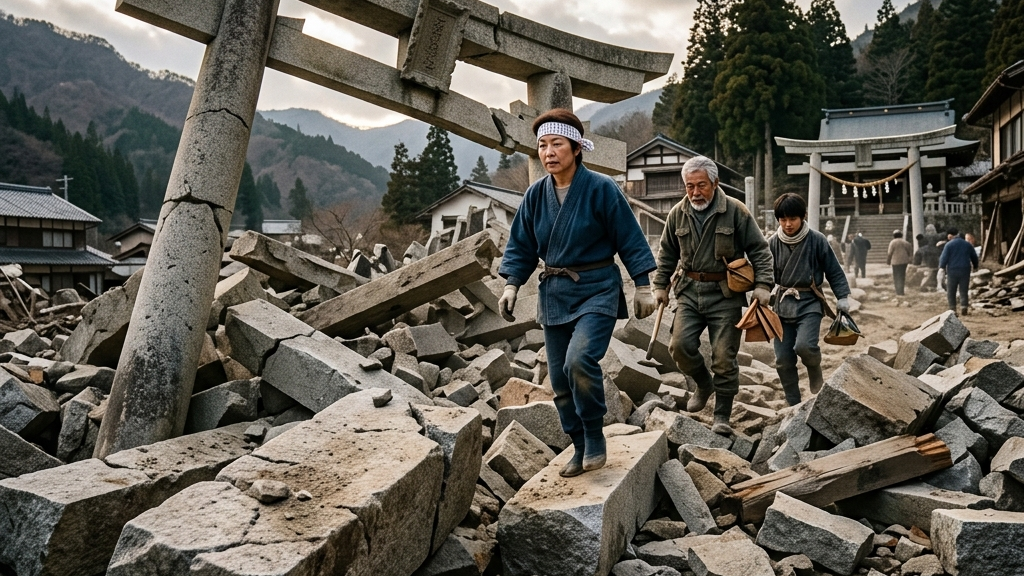 新しく建った鳥居の下を通り抜ける氏子たちと、静かに村を見守り続ける鎌宮諏訪神社の森