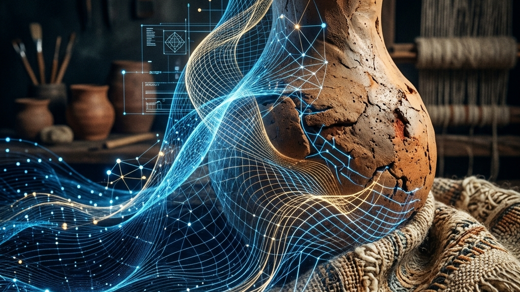 無機質なデジタルワイヤーフレームと土着の素材が融合する実験的アートピース