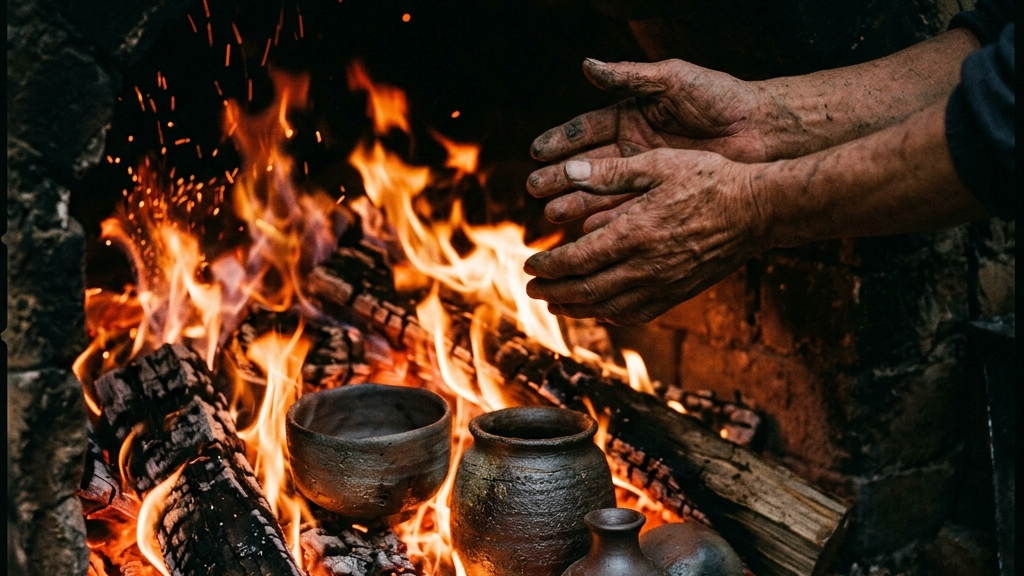 暗がりの中で松割木に照らされる無骨な備前の土肌と職人の手