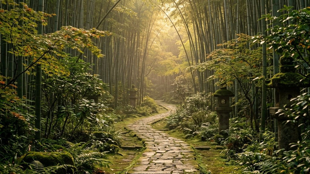 斜光に照らされ、ひっそりと未来へと続く日本庭園の苔むした石畳