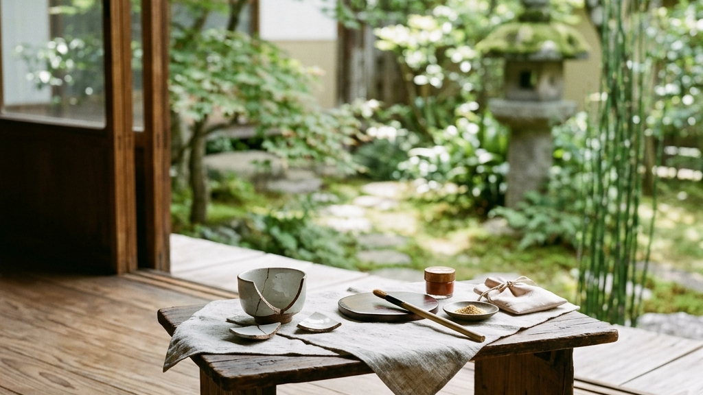 静かな日本家屋の縁側で金継ぎの作業に没頭する光景