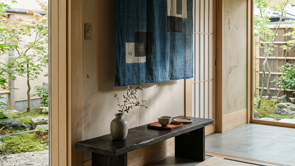 静寂に包まれた和モダン空間。影を落とすのれんとミニマルなインテリアの調和