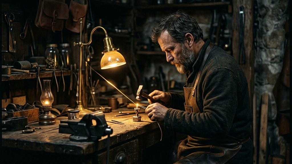 深夜の陰影が落ちる工房で、たった一筋の糸と向き合い続けるような、孤高で静かな決意を表す情景