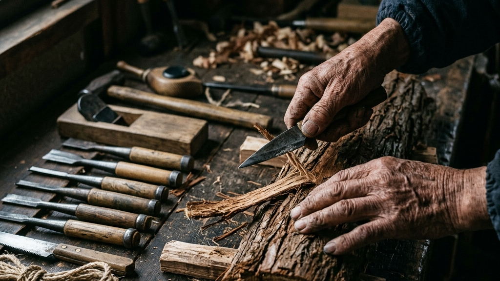 屋根の修復作業現場に並ぶ職人の道具と、竹釘、剥がされた檜皮の素材感