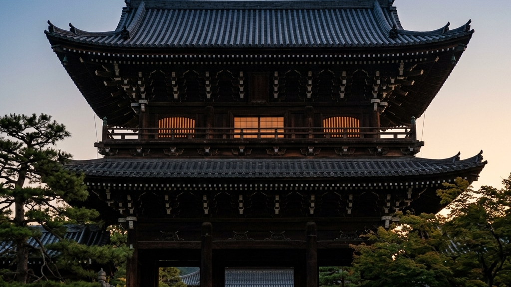 日暮れとともに明かりが灯る、完全に組み直された阿蘇神社の楼門