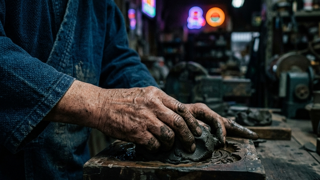 薄暗い背景にネオンの光が反射する中、泥で汚れた職人の手が瓦型を押さえる