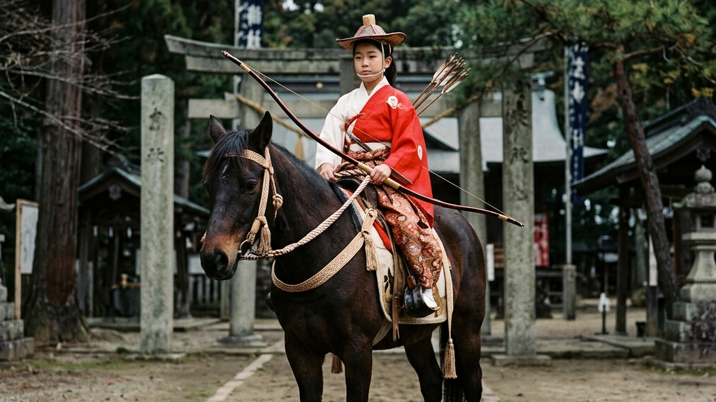 赤や色鮮やかな装束を身に纏い、凛とした表情で馬にまたがる少女の姿