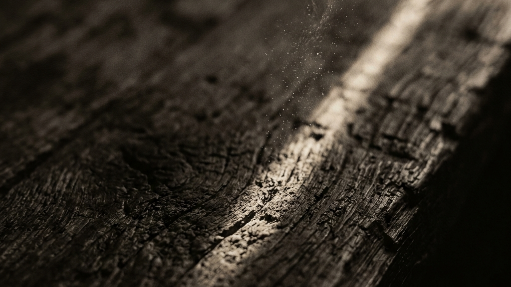 木目に一筋の光が差し込み、舞い散る埃を照らし出す抽象的で静謐な写真