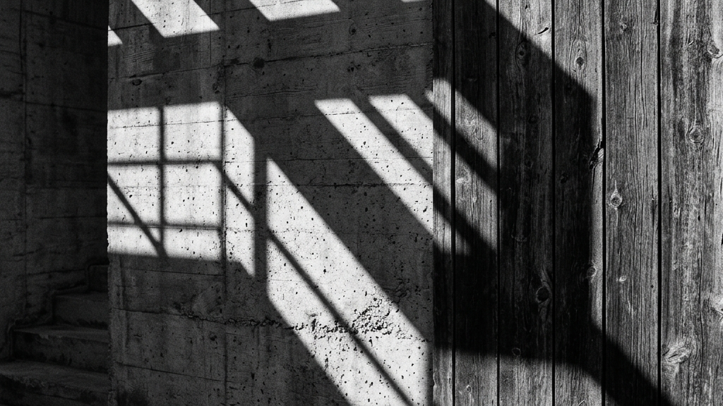 モノクロームの光の中に佇む、時間を経た建築物と人間の手仕事の痕跡