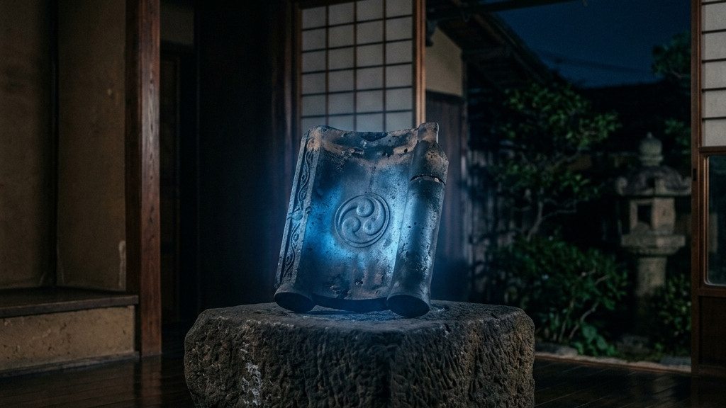 静寂の暗がりに鎮座する京瓦から青白い幽玄な光（ゴースト）が仄かに放たれる様子