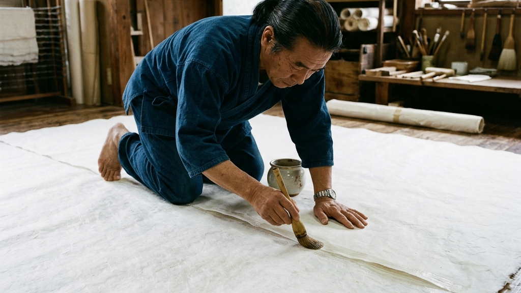 巨大な和紙を天然糊でつなぎ合わせる職人の緻密な手仕事