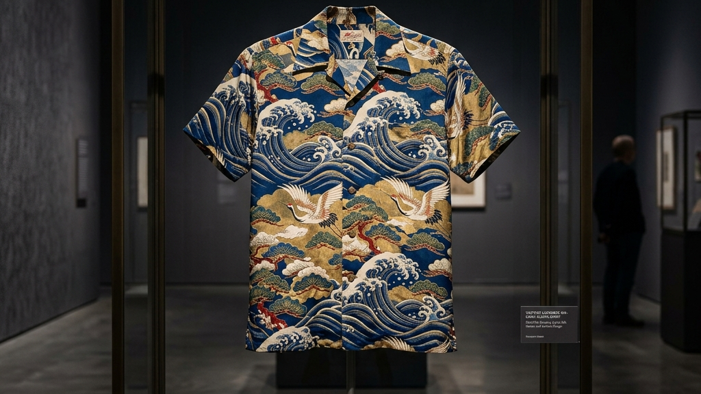 現代の美術館に展示されるかのように照明を当てられた最高級の和柄アロハシャツ