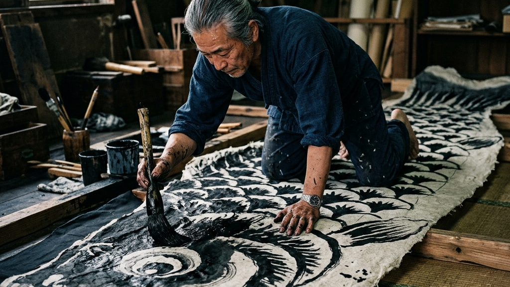 山中和紙の巨大なキャンバスに極太の筆で鱗を描き込む職人