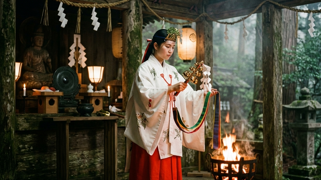 古き社で祈りを捧げる巫女の姿と、神仏習合がもたらした教義の重なり合い