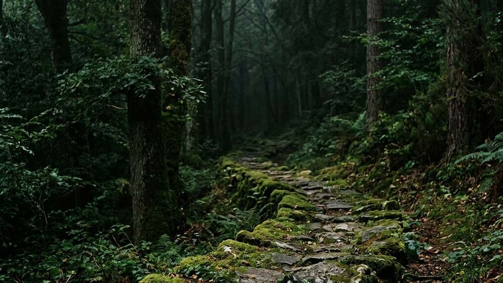深い森の中にひっそりと佇む苔むした石畳と、そこに流れる悠久の時間