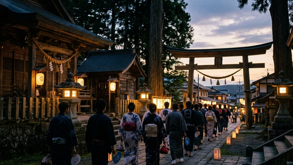 夕暮れ時の神社の境内と、新しい時代へ向かって歩き出す祭りの参加者たちの背中