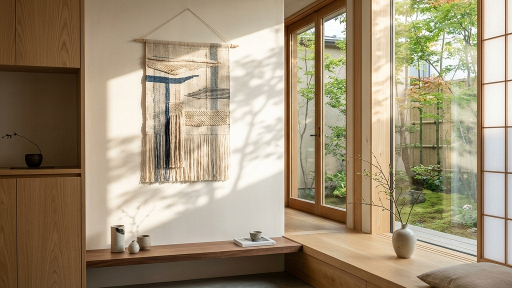 朝の光が差し込む静寂の日本家屋と、未来へ続く伝統的テキスタイルの存在感