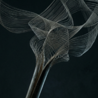 無数の竹ひごが暗闇の中で解き放たれ、有機的かつ幾何学的な広がりを持つ静謐なコンセプチュアルアート