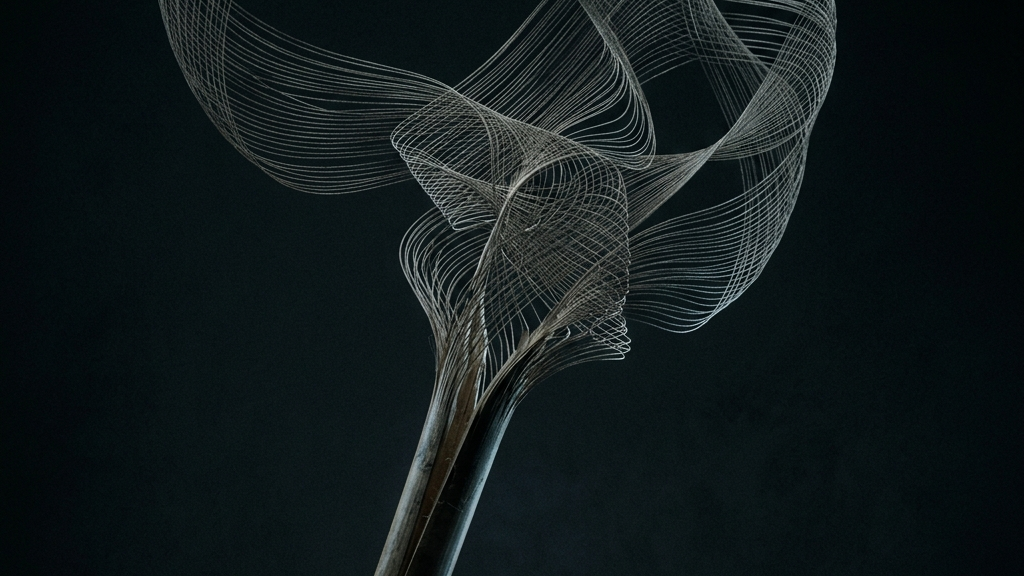 無数の竹ひごが暗闇の中で解き放たれ、有機的かつ幾何学的な広がりを持つ静謐なコンセプチュアルアート