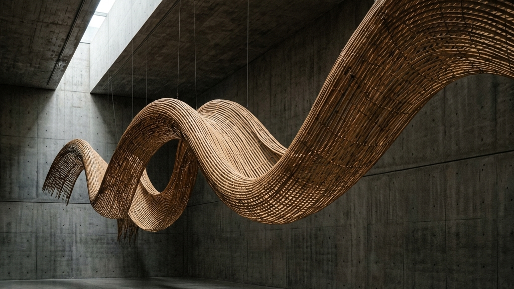 コンクリートの静謐なギャラリー空間に浮かぶ、巨大で有機的な波のような竹のインスタレーション・アート