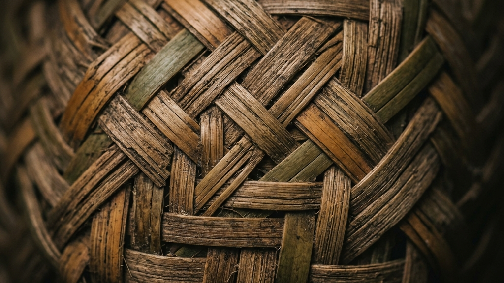 複雑に編み込まれた竹ひごのマクロ撮影。有機的な幾何学模様と自然素材のテクスチャが深い陰影の中に浮かび上がる