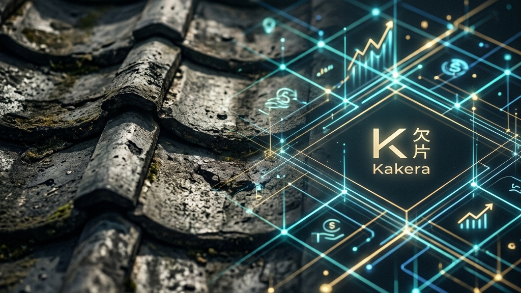 文化財の古式ゆかしい屋根瓦と現代の資金調達スキームを暗喩する抽象的な図版