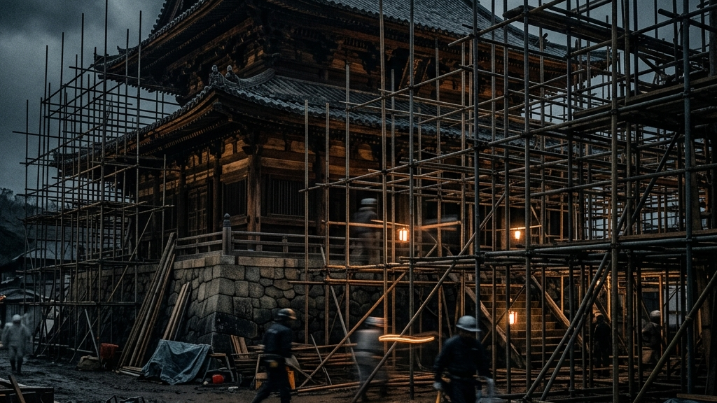 時間をかけて進む修繕工事の足場と、複雑な資金調達の泥臭いプロセスを対比させる意匠